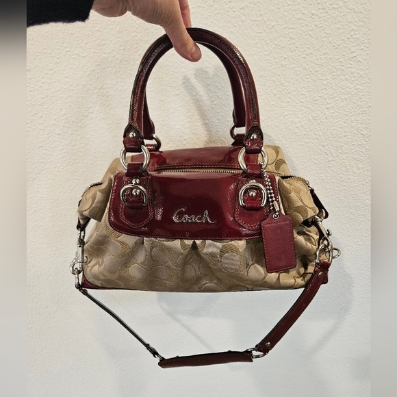 Coach Handbags - SOLD - Coach Ashley Sateen Signature Satchel Purse in Maroon & Tan